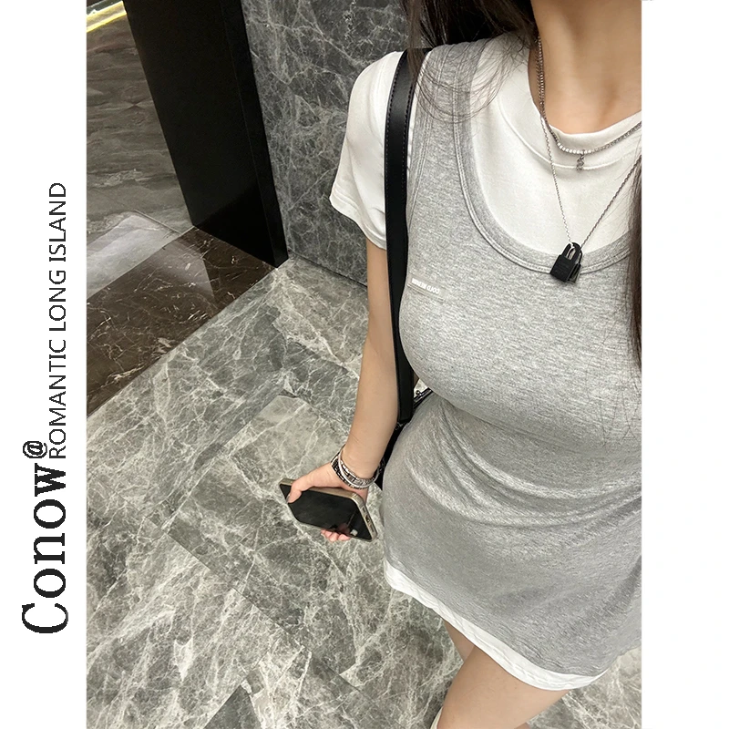 彩诺新款夏季显瘦收腰包臀裙子撞色假两件短袖辣妹学院风连衣裙