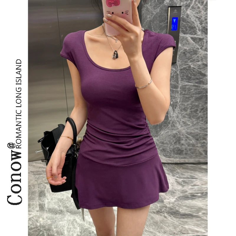 彩诺短袖连衣裙女夏款性感辣妹U领褶皱收腰纯欲风气质显瘦a字短裙