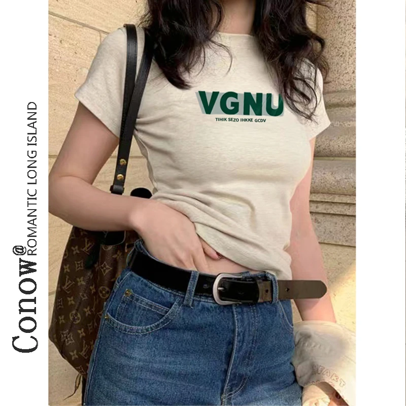 短袖t恤女夏季新爆款洋气辣妹字母上衣圆领正肩修身白色体恤