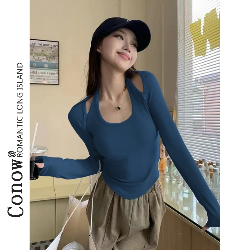 纯欲挂脖假两件长袖t恤女春秋修身短款上衣设计感洋气打底衫