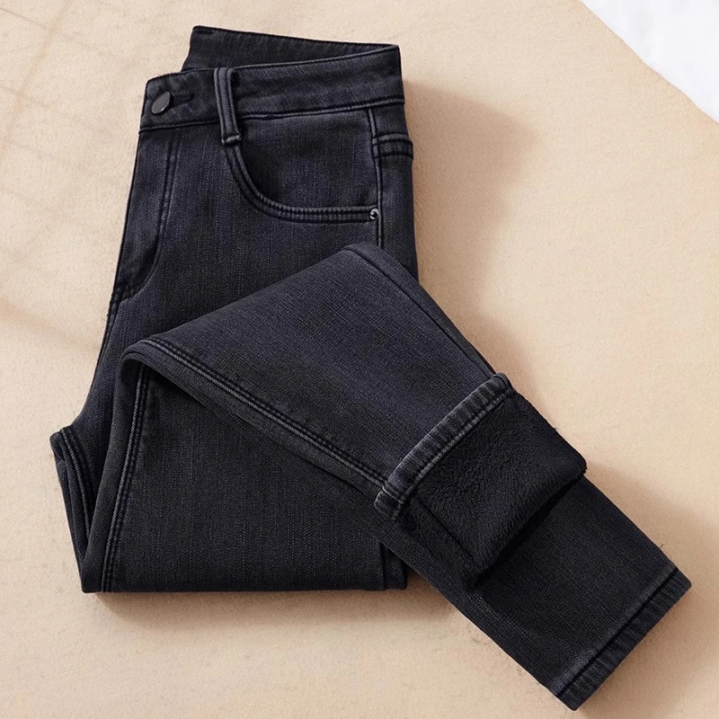 加绒黑色高腰牛仔裤女2025秋冬季薄绒紧身显瘦修身小个子小脚裤女