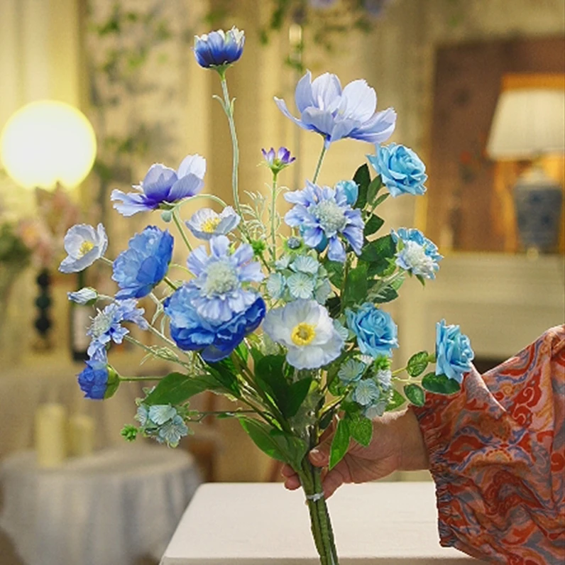 【岚语】蓝色系花束搭配天香牡丹格桑花虞美人玫瑰等花材搭配仿真花