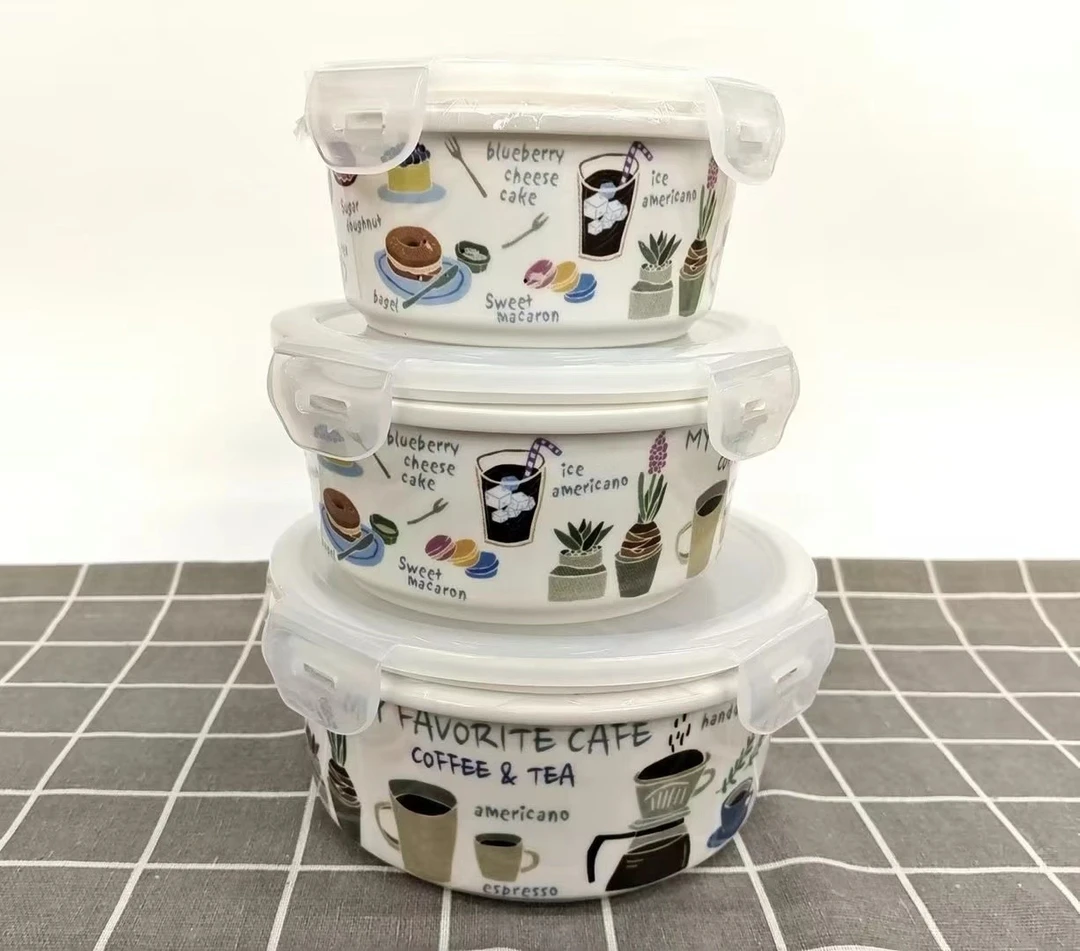 韩国进口三梅SMF陶瓷圆形保鲜盒咖啡屋大中小密封带盖密封盒