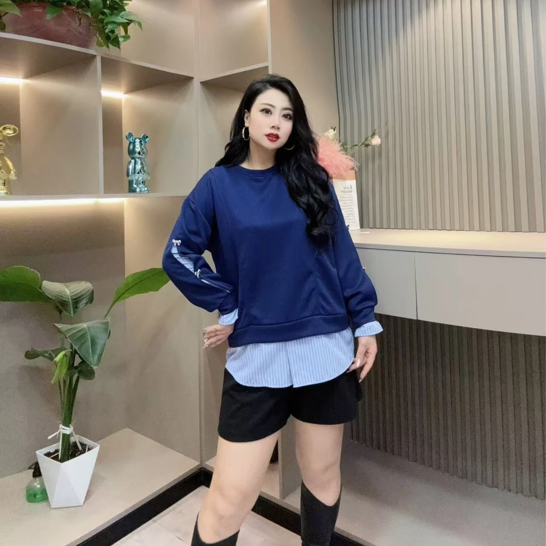 冬季卫衣-酷 3406舒适时尚潮流假两件蝴蝶结袖口胖MM大码女装新款