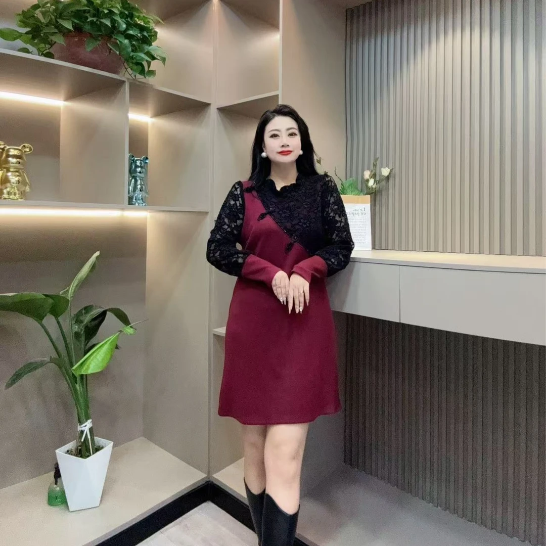 冬季连衣裙-檬 9216潮美显瘦镂空印花气质拼接款胖MM大码女装新款