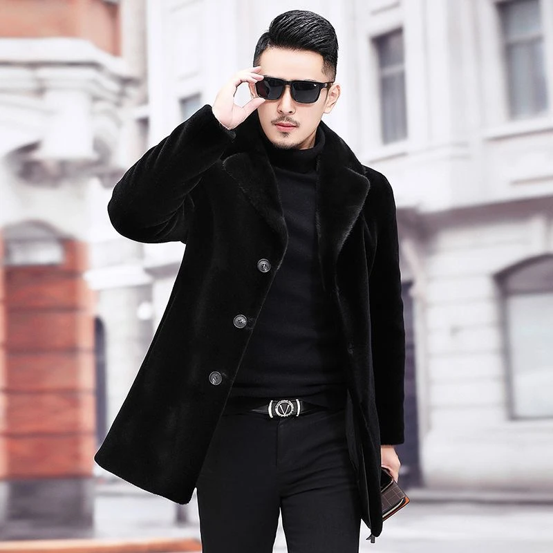 水貂皮草外套羊剪绒羊毛皮毛一体男中长款海宁真皮皮衣皮草大衣