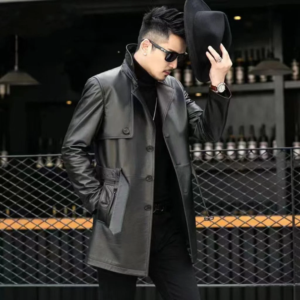 新款真皮男士头层牛皮油蜡工艺腰带风衣中长款休闲春秋外套高级