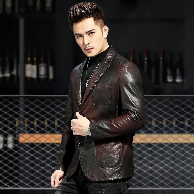 海宁正品高档真皮皮衣男士头层牛皮皮西装修身单皮西服外套秋冬潮