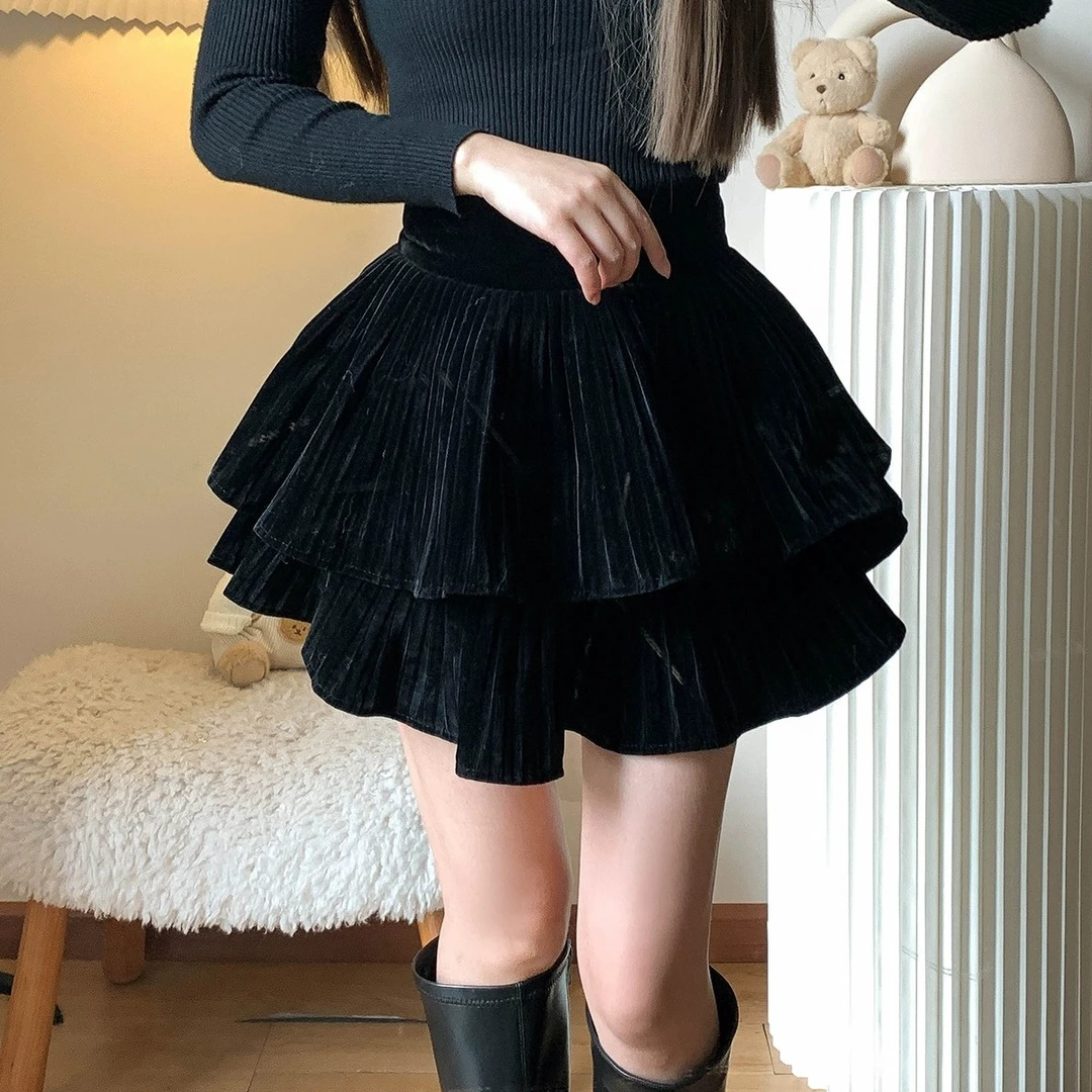 秋冬爆款丝绒百褶裙百搭蓬蓬显瘦半身裙女气质小个子高腰A字短裙1