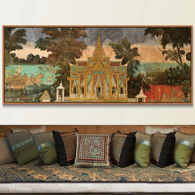 东南亚风格泰式建筑风景装饰画酒店餐厅复古禅意挂画傣族风情壁画