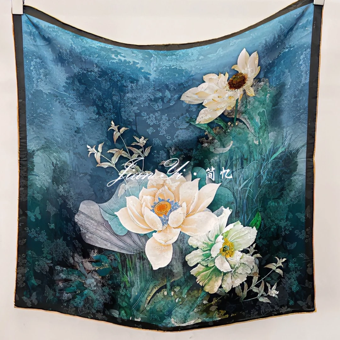 蓝色丝巾双面大方国风提花时尚日常百搭气质夏季花色花丝绿色