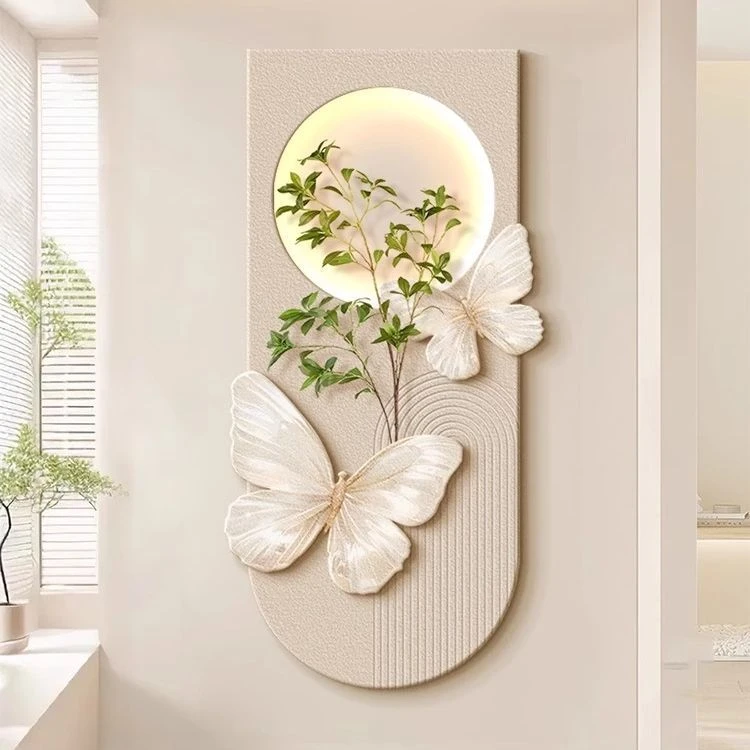 奶油风蝴蝶入户门玄关装饰画带灯走廊过道尽头法式高级感客厅挂画