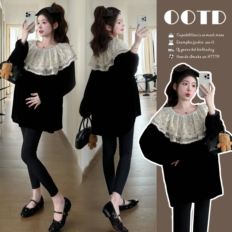 孕妇装女秋季2025新款爆款时尚洋气蕾丝披肩上衣小个子显瘦打底裤