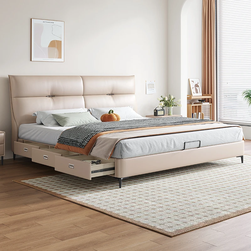 拉芙菲1.8米大床三抽储物真皮床成套简约主卧室双人床婚床T6471