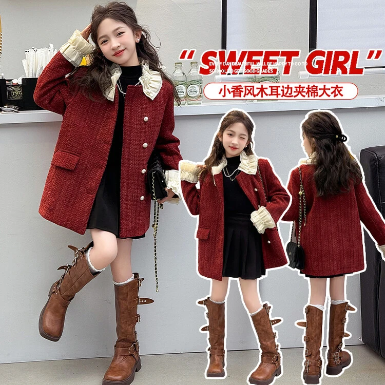 【现货】女童加厚小香风毛呢外套中大童秋冬红色洋气木耳边中长款