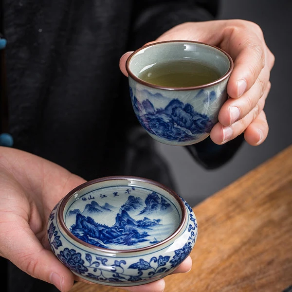 青花瓷茶杯垫防烫垫盖置三才茶碗托子陶瓷功夫茶具壶承景德镇复古