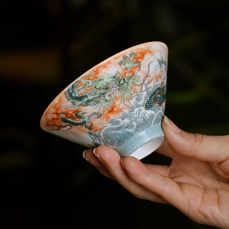 景德镇陶瓷矾红龙纹主人杯单杯高档个人专用手工斗笠杯独特中国风