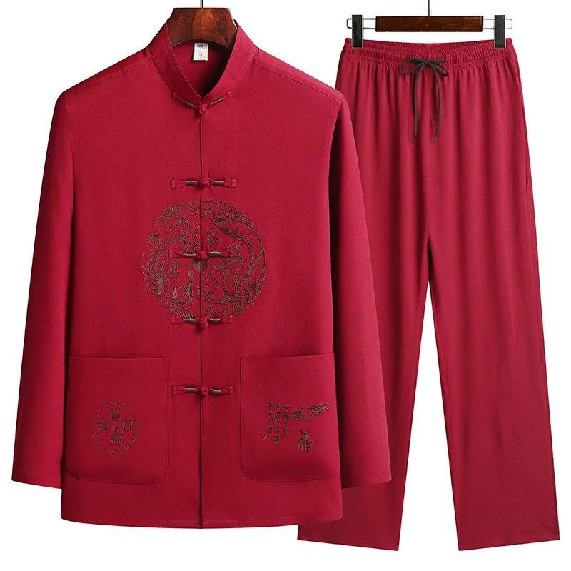 中老年男唐装春秋薄款长袖中国风刺绣高档爸爸装爷爷老人喜庆中式