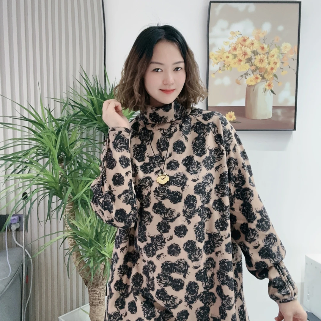【3650水墨玫瑰】加厚保暖印花软糯宽松大版时尚风琴袖时尚上衣