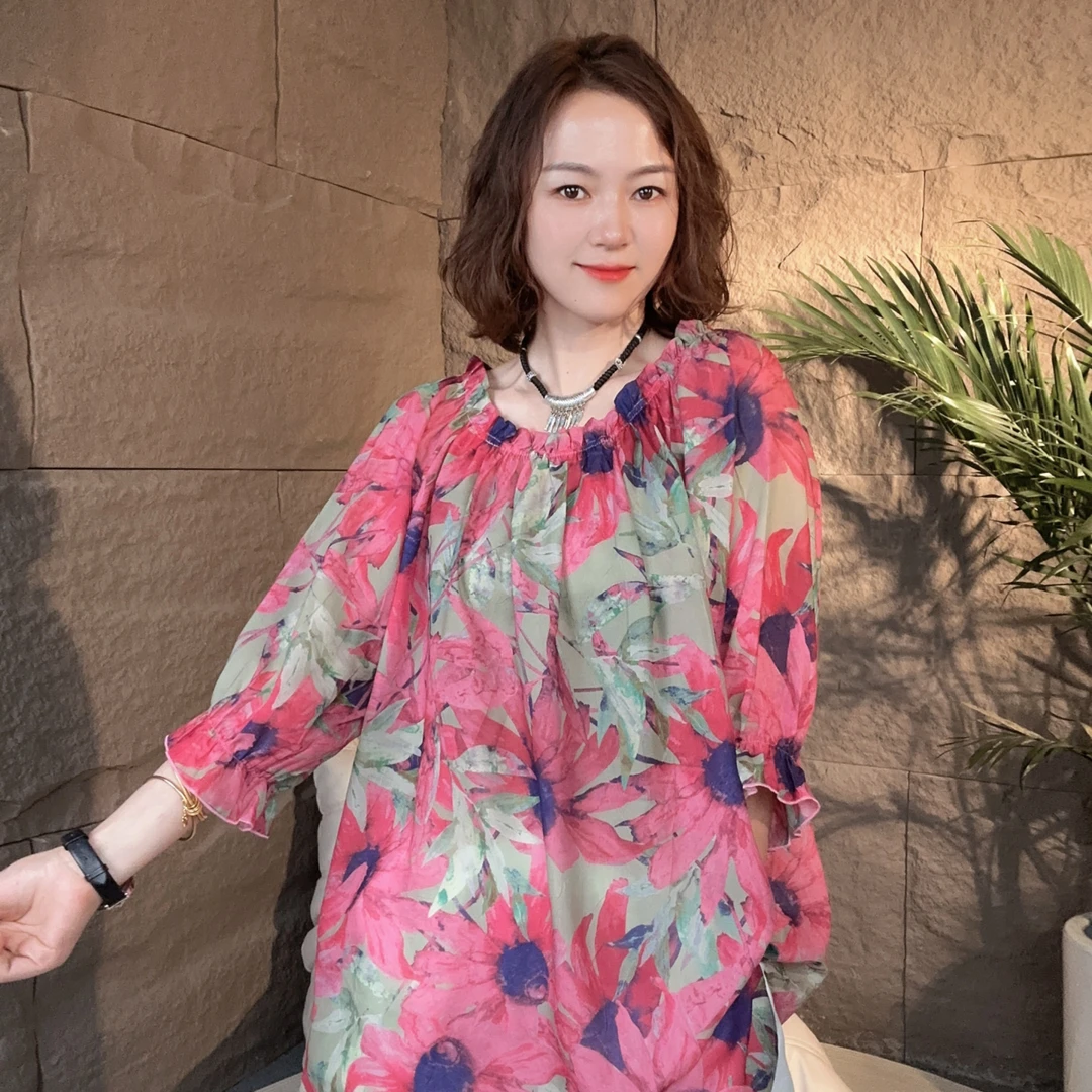 【太阳花荷叶/一字领】宽松时尚洋气百搭通勤女装简约印花5101 休闲