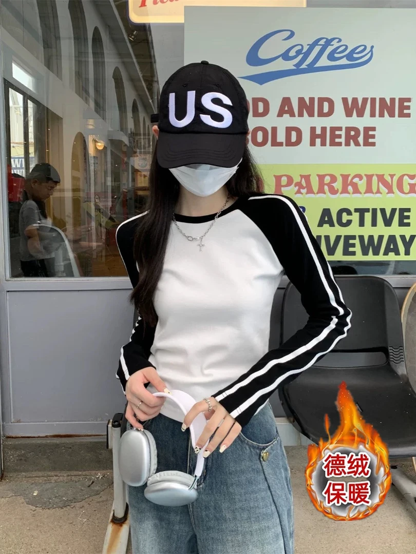 韩系撞色长袖德绒打底衫T恤女春秋新款设计感插肩袖条纹修身上衣