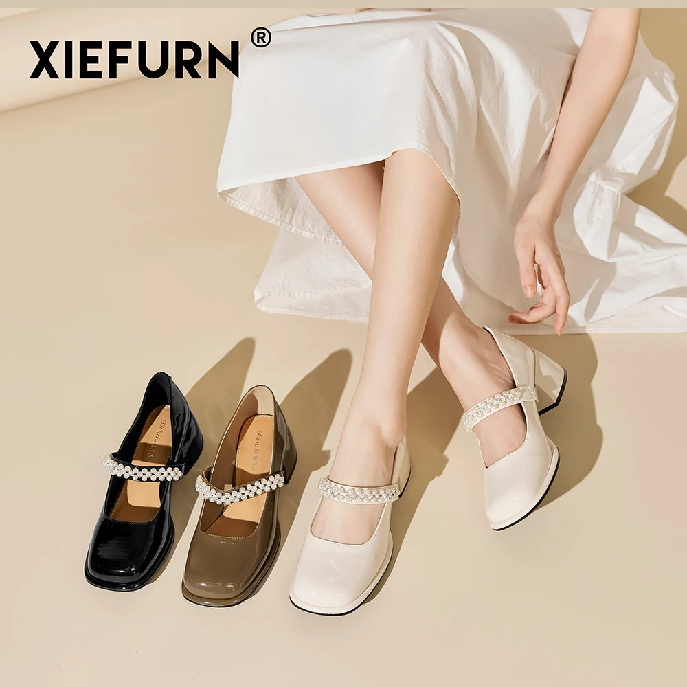 XIEFURN/鞋夫人2023夏季新款亮晶晶玛丽珍方头中跟凉鞋8002