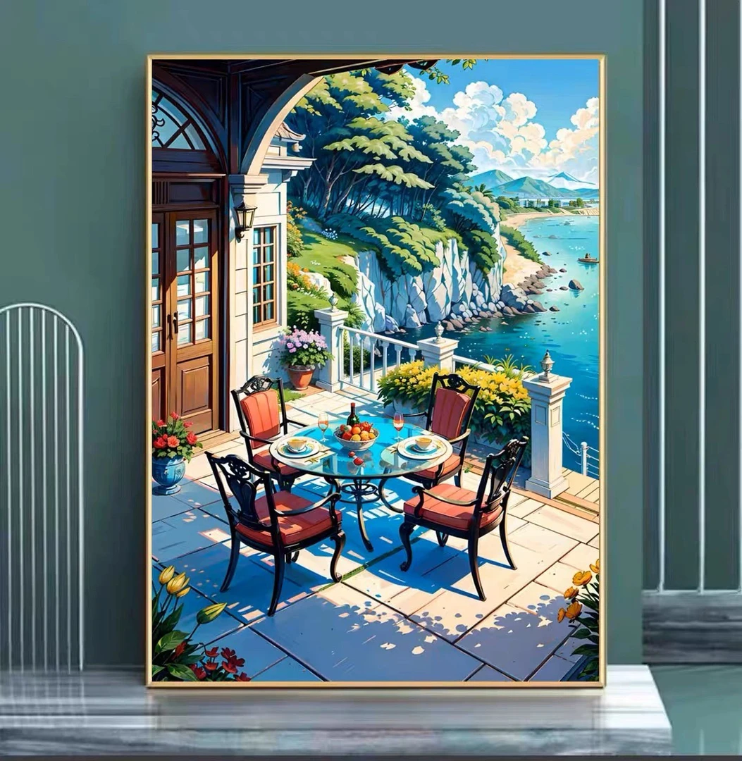 海边下午茶 蒙娜丽莎十字绣棉线42色60×85大格满绣无勾边