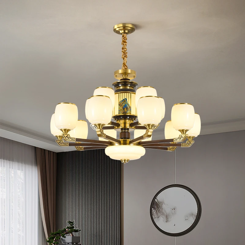 新品餐厅中式吊灯客厅灯铜加胡桃实木复式楼大吊灯餐吊灯吸顶灯