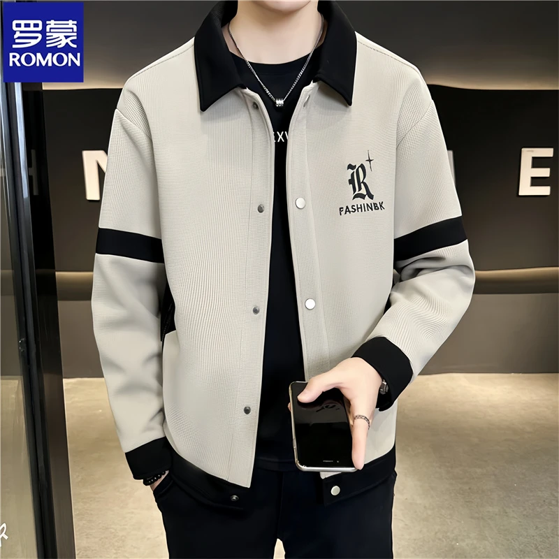 Romon/罗蒙春秋季翻领新款男士外套撞色华夫格夹克高级感时尚上衣