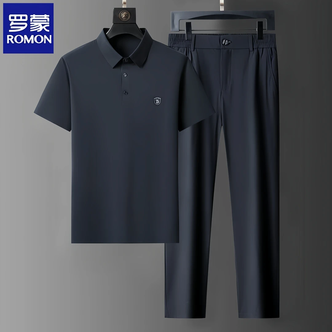 Romon/罗蒙男士夏季无痕冰丝套装凉感短袖POLO衫速干爸爸装两件套