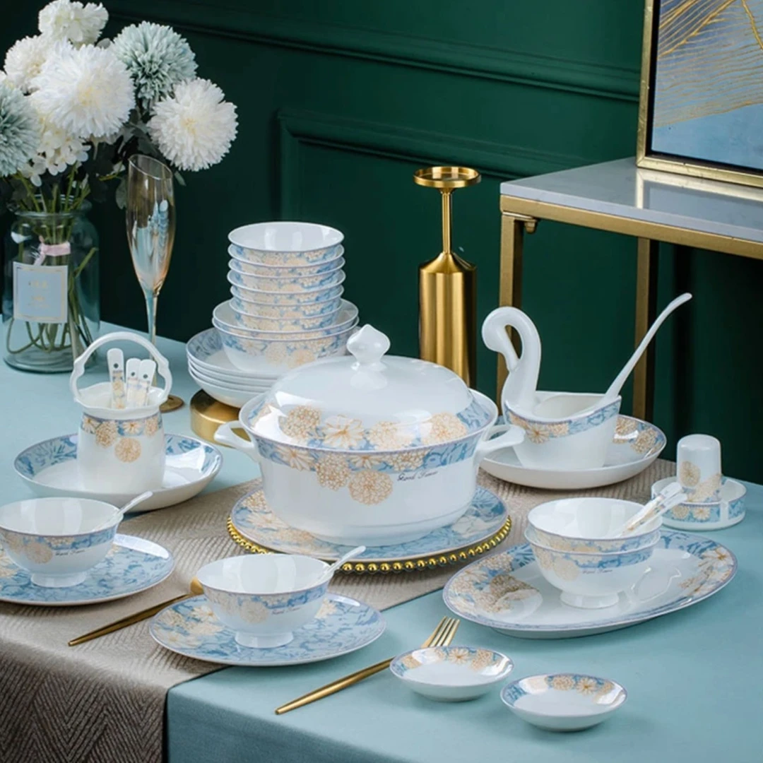 景德镇时光漫步碗碟套装家用景德镇釉中彩陶瓷骨瓷餐具套装