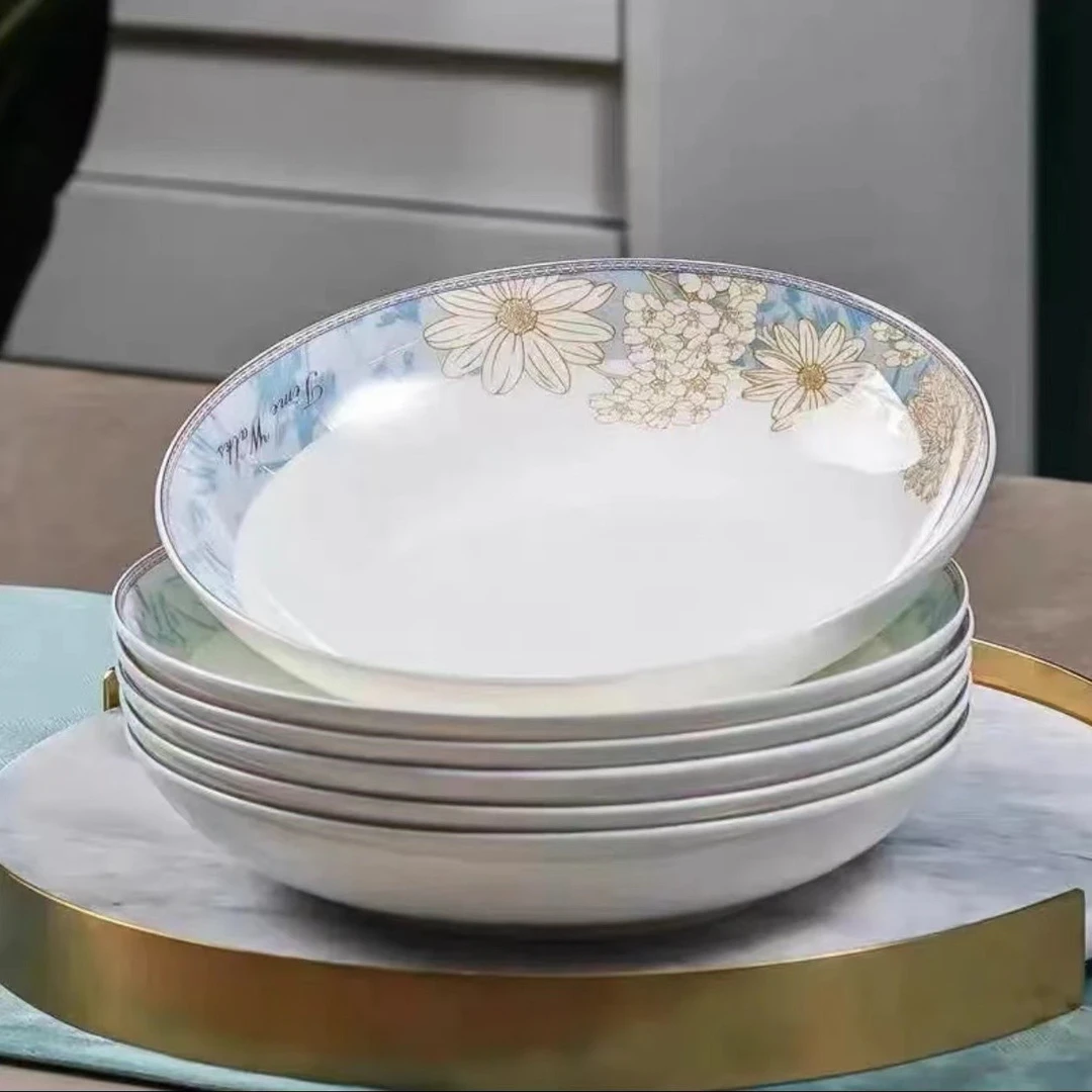 [时光漫步]景德镇高温骨瓷8寸圆深盘圆形菜盘碟子清新淡雅
