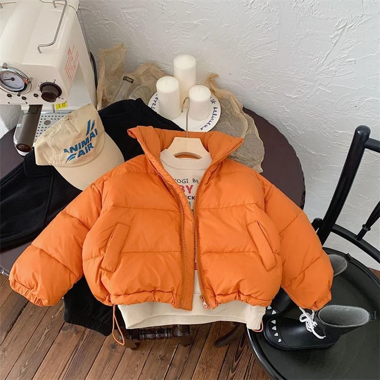 儿童丝棉2025冬款韩版时髦男女宝宝小男孩纯色贴标宽松轻薄外套