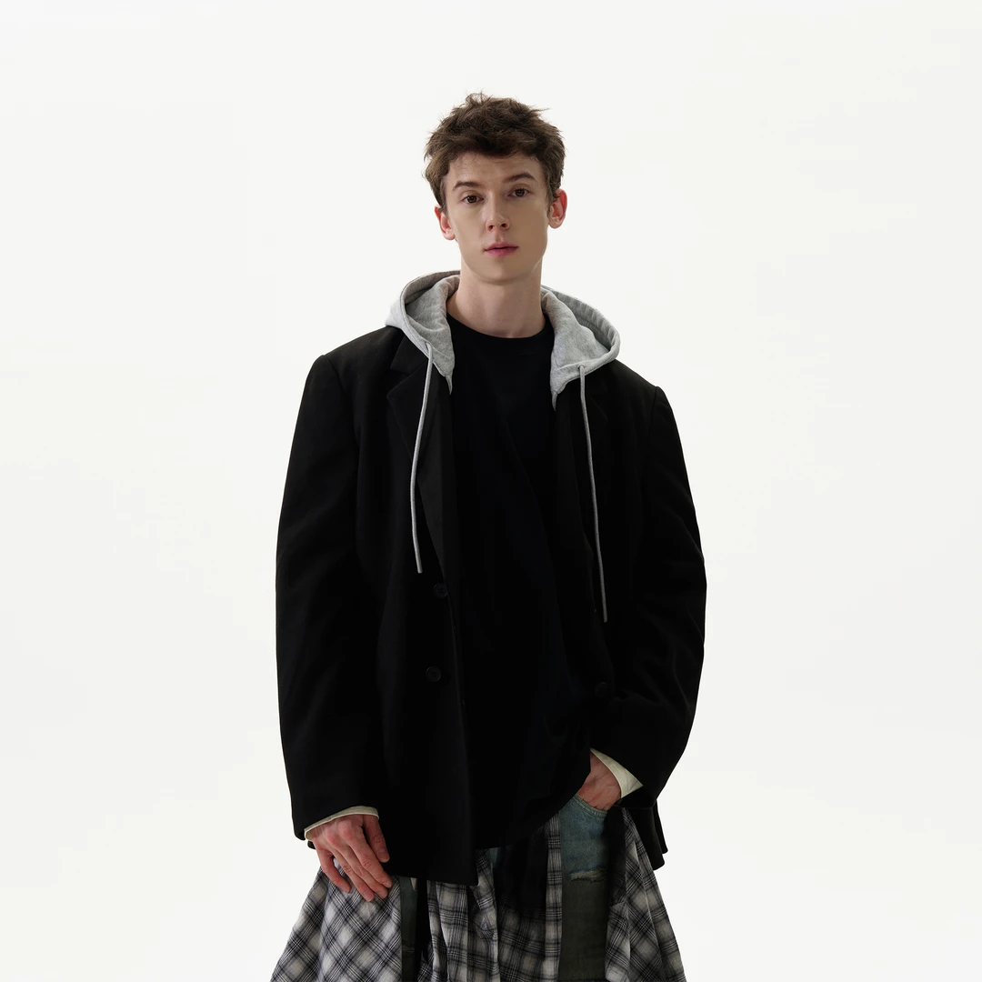 MADWITCH美式假两件连帽毛呢西装外套男街头痞帅cleanfit休闲西服