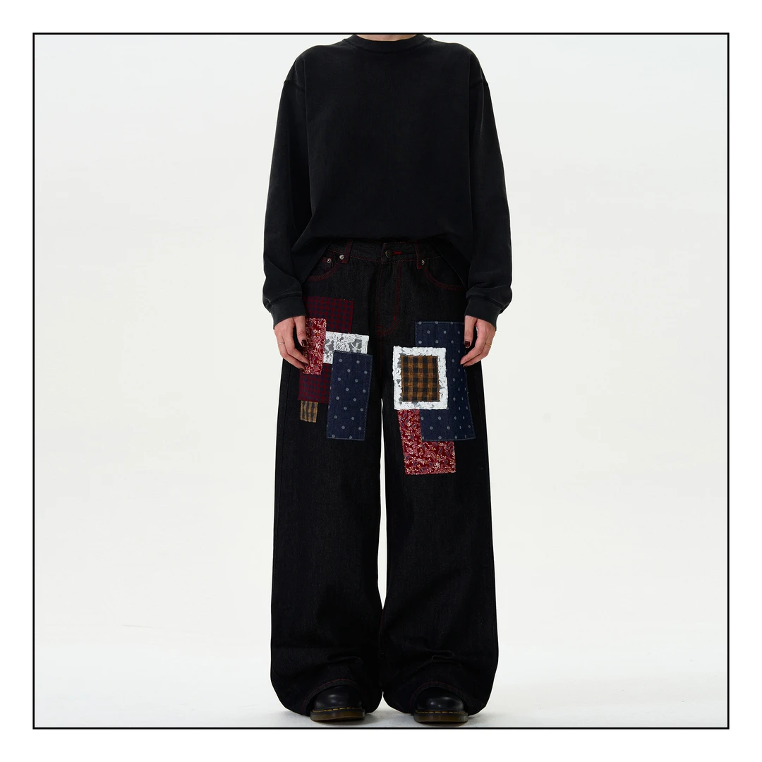 MADWITCH原创小众设计感贴布拼接牛仔裤男宽松休闲直筒阔腿裤子潮