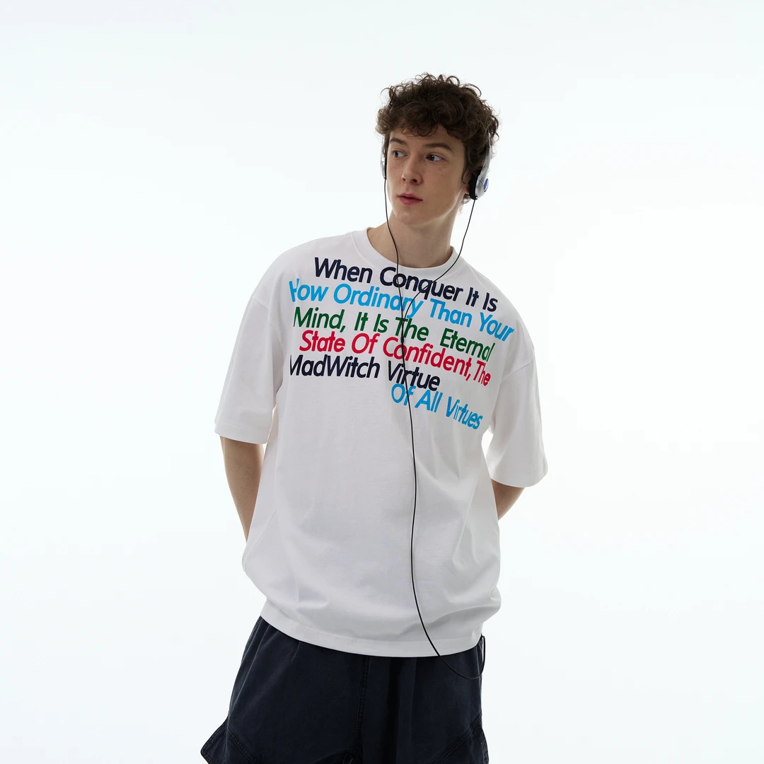 MADWITCH夏季新款美式复古不规则字母印花纯棉短袖设计感宽松T恤