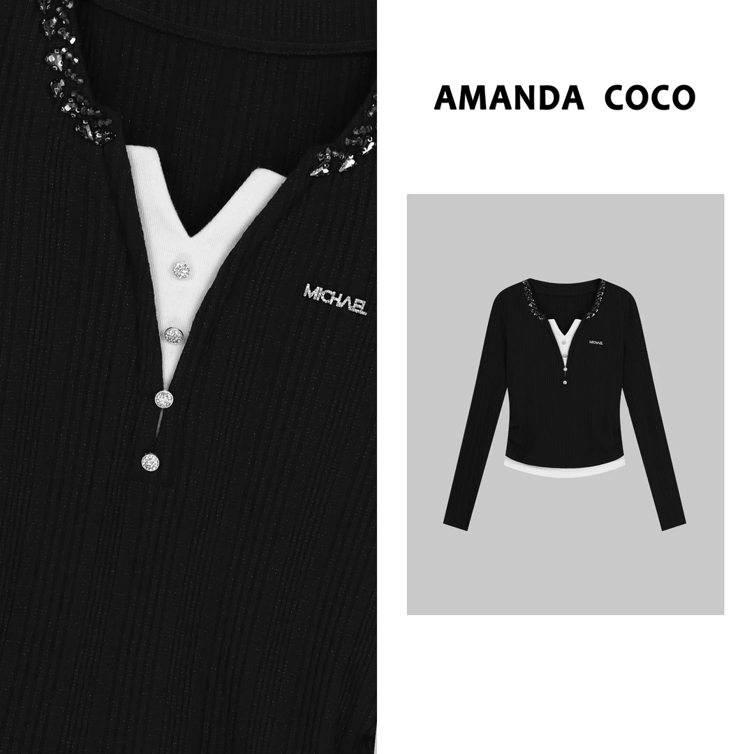 AMANDACOCO 萍萍 | 设计师款~高定串钻拼接捏褶显瘦长袖上衣