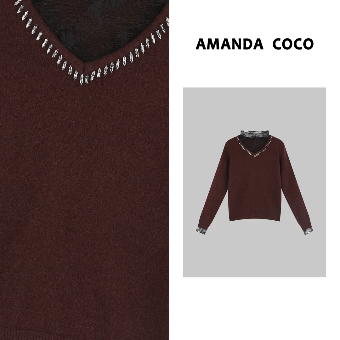 AMANDACOCO 萍萍丨设计师款~高定重工串钻拼接蕾丝气质毛衣