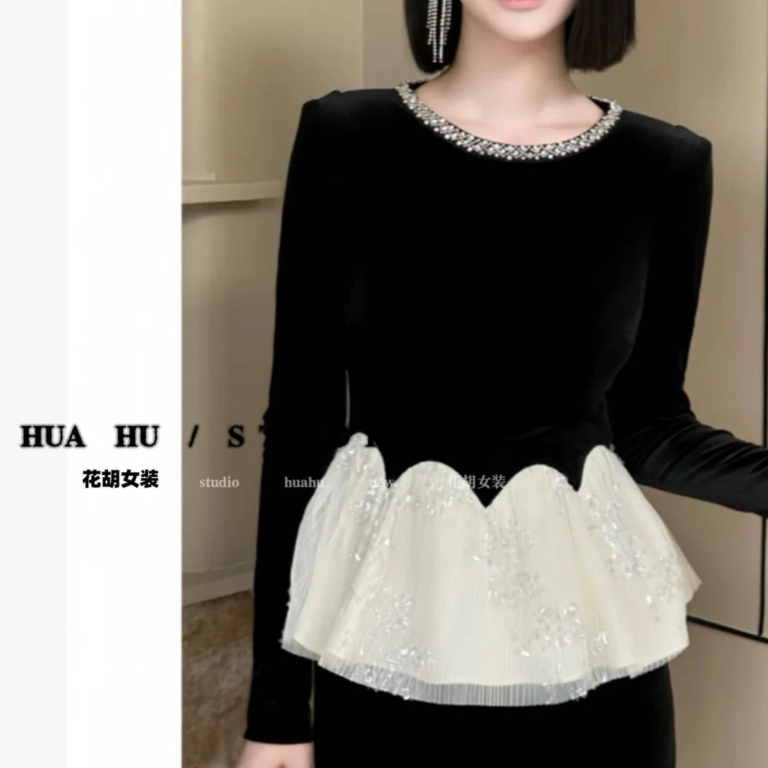 【花芯】小众法式～复古优雅拼接重工亮片花边丝绒上衣2024new冬