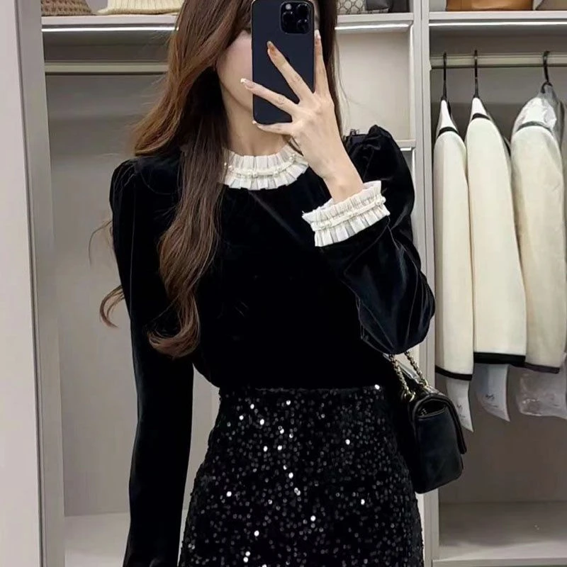 286法式复古丝绒名媛拼接撞色荷叶领长袖衬衫女新款上衣潮小香风