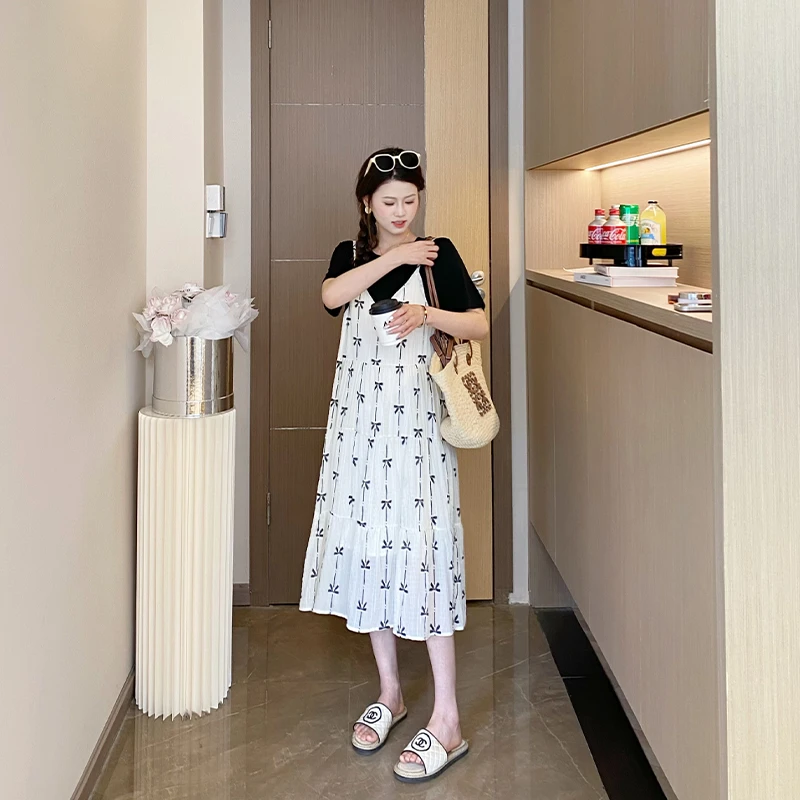 【夏日画本】孕妇装夏款时尚拼接假两件蝴蝶结碎花中长款连衣裙子