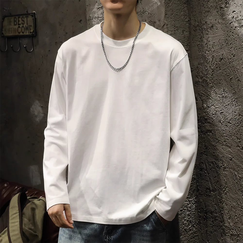 260g重磅美式长袖t恤男春秋冬纯棉纯色白色黑色打底衫圆领T恤男