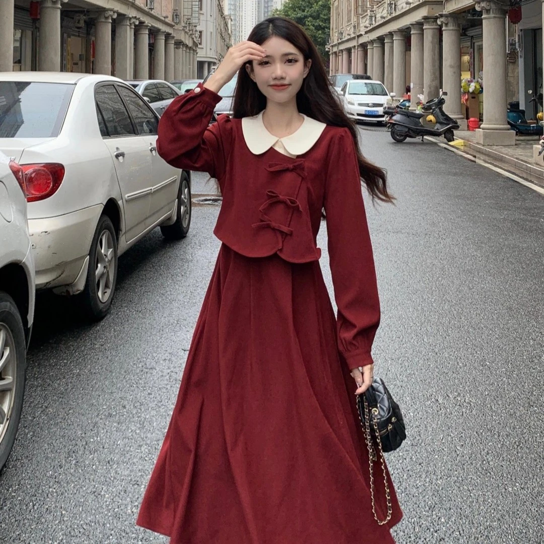 2023春装假两件减龄显瘦遮肚哺乳连衣裙辣妈产后外穿红色喂奶衣