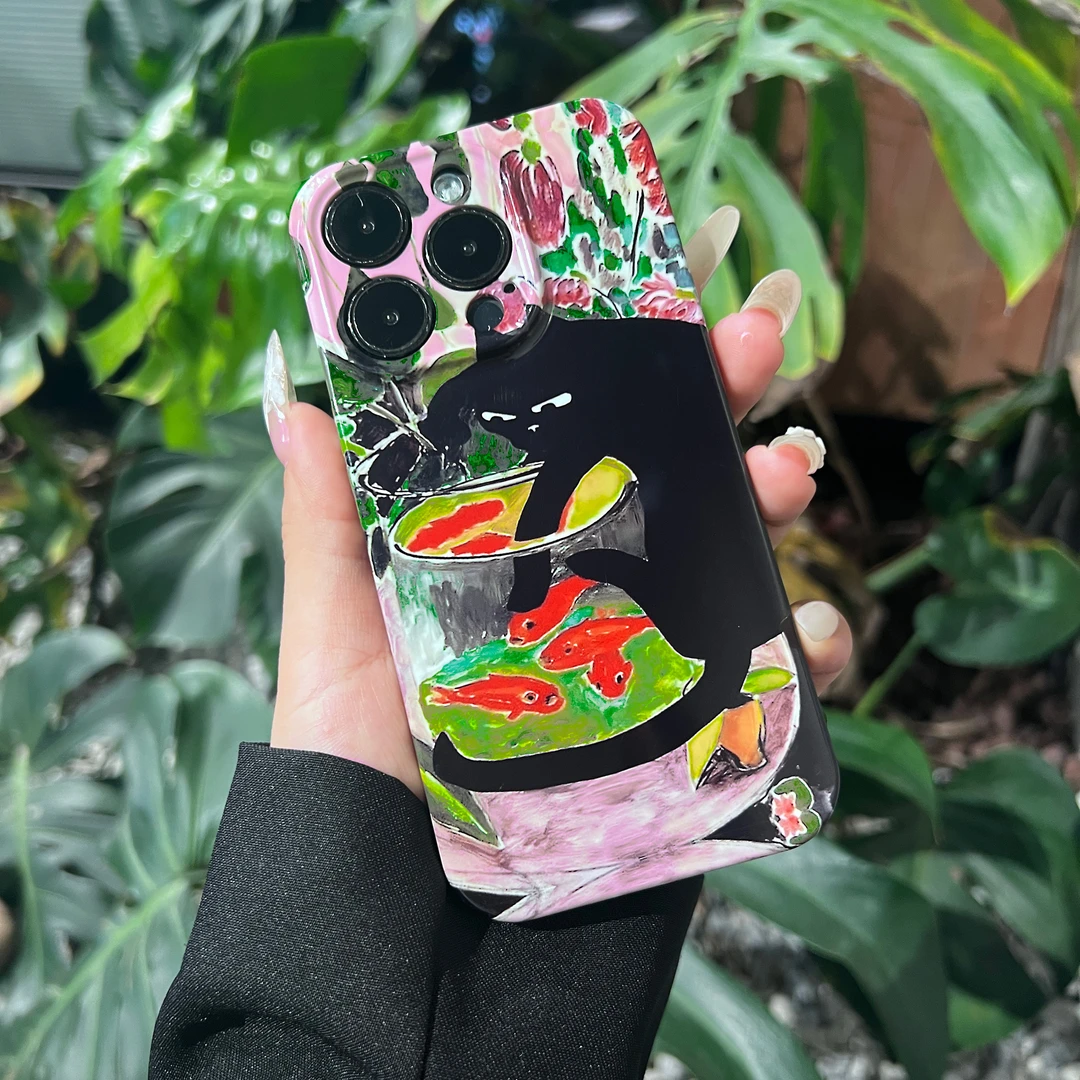 油画猫咪金鱼创意个性手机壳适用苹果iphone14promax小众艺术抽象