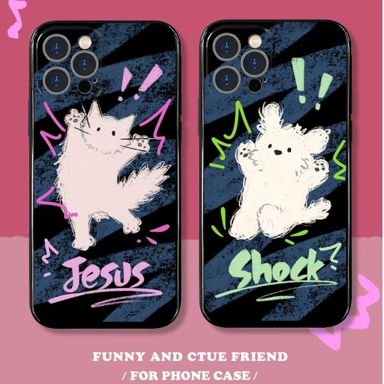 涂鸦惊吓猫咪情侣苹果手机壳适用于iphone14promax15个性小狗黑色