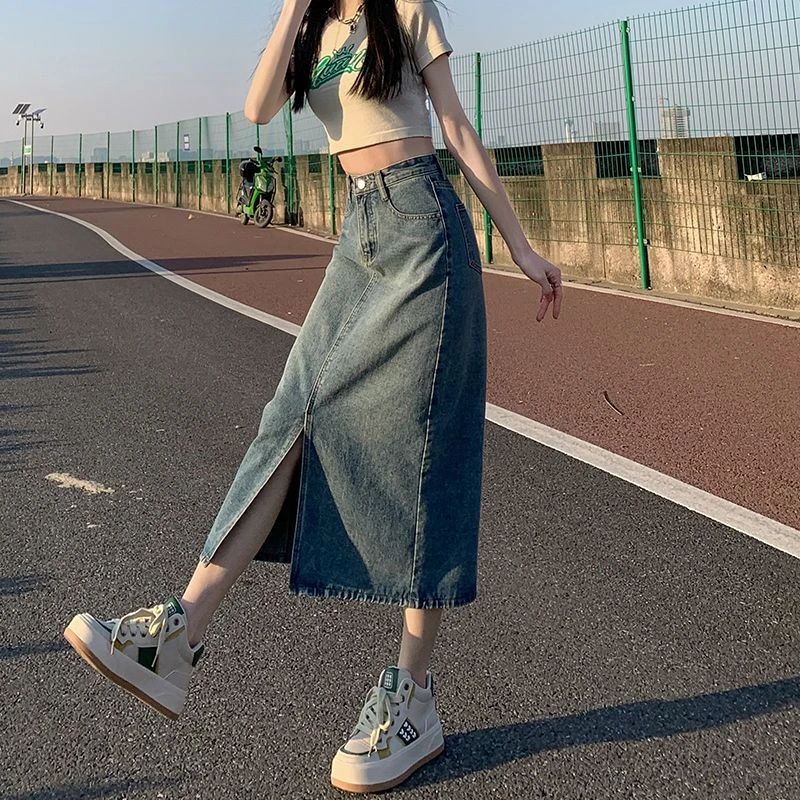 牛仔半身裙女开叉高腰显瘦显高春秋夏季新款a字中长裙ins小个子