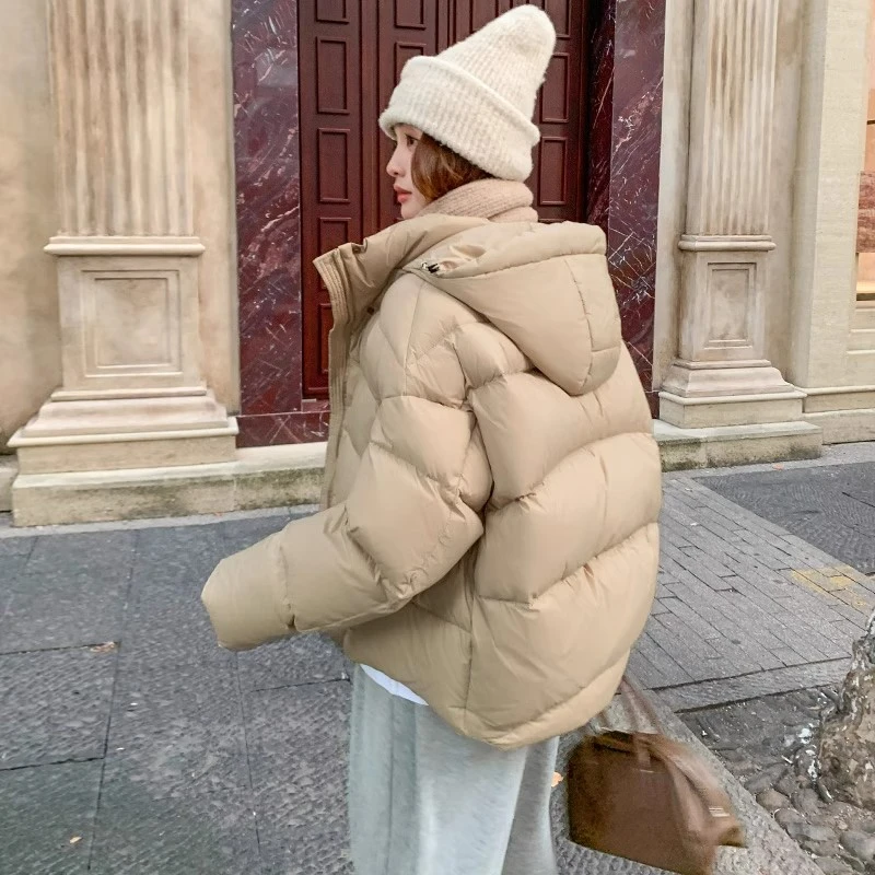 卡其色泡芙龟背短款羽绒服女2024冬新款加厚白鸭绒连帽面包服外套