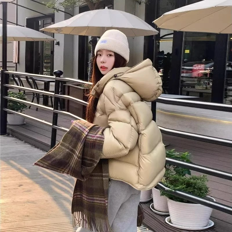 卡其色泡芙龟背短款羽绒服女2024冬新款加厚白鸭绒连帽面包服外套