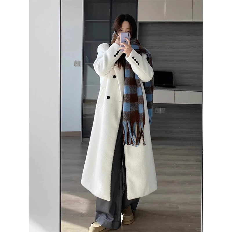 白色毛呢大衣女2024冬季新款过膝加厚仿水貂绒宽松呢子外套