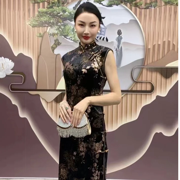 2024高端无袖黑色气质优雅中国风长款旗袍日常修身高级感黑色旗袍